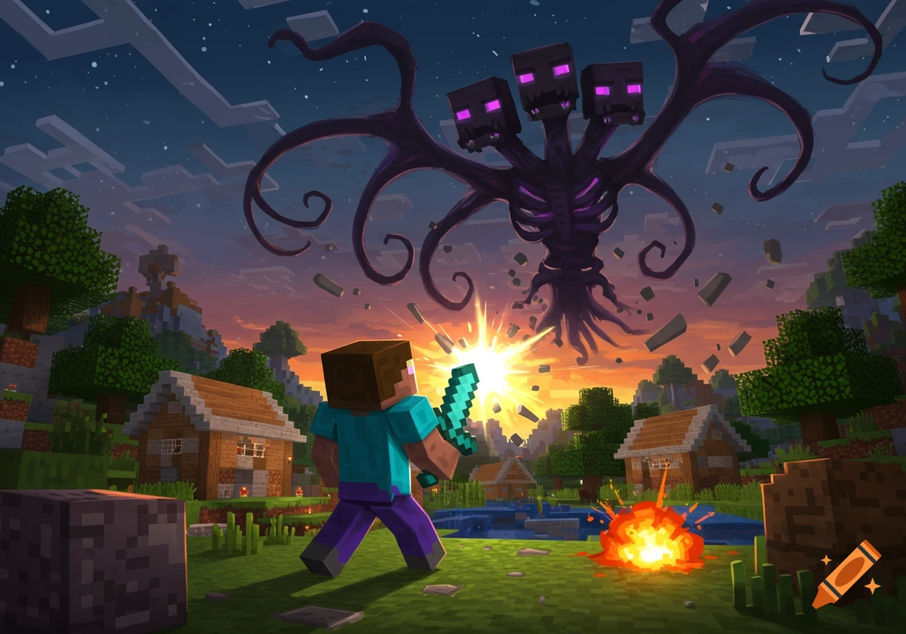 Minecraft Steve battles a Wither monster in a blocky village at sunset, with explosions on the ground.