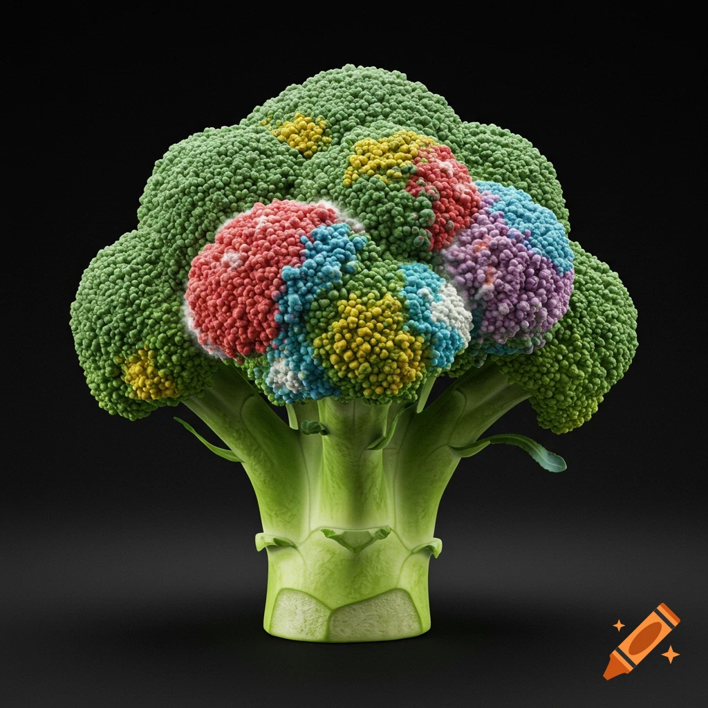 Photorealistic image of a broccoli floret with sections colored white, purple, yellow, blue, and red against a dark background.