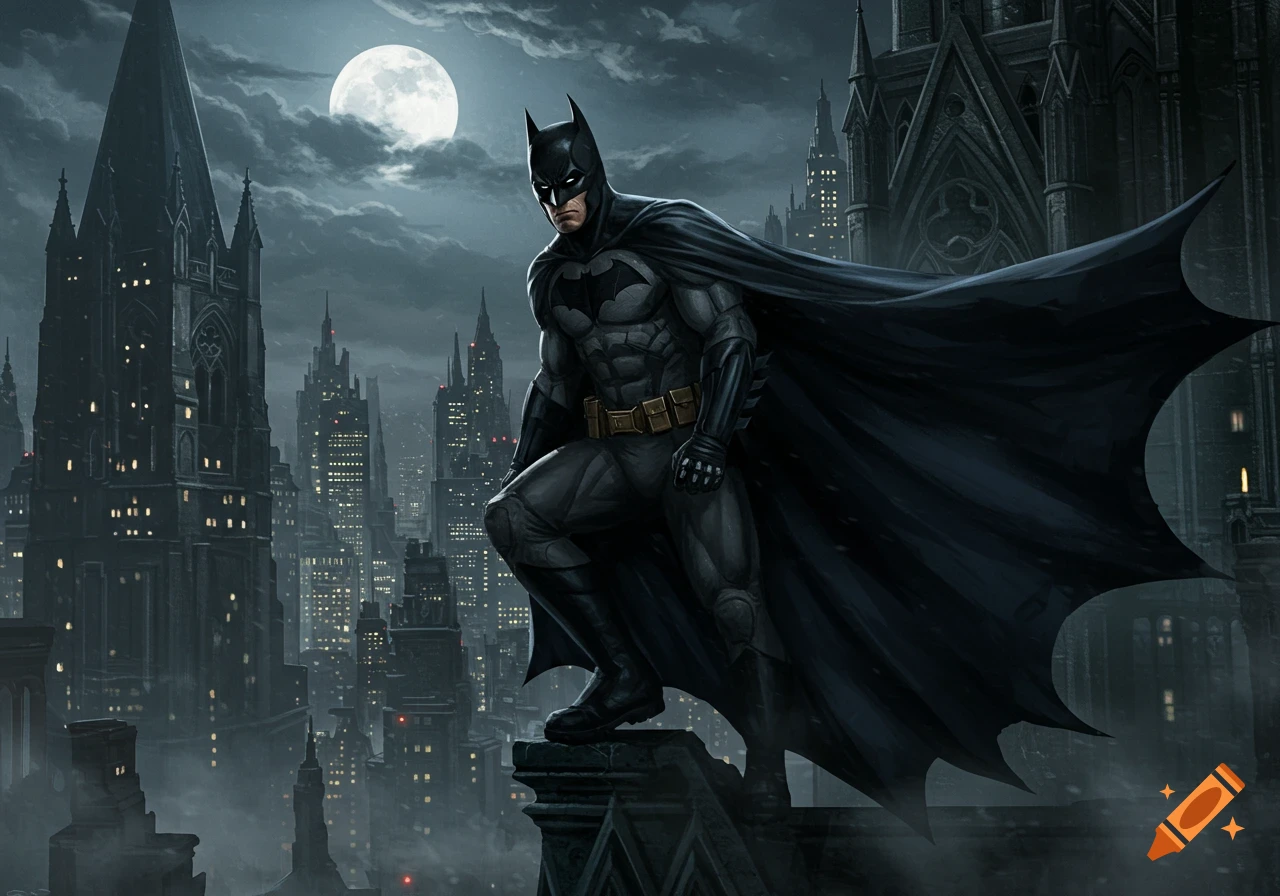 Batman crouches on a Gothic rooftop overlooking a dark, sprawling city under a full moon.