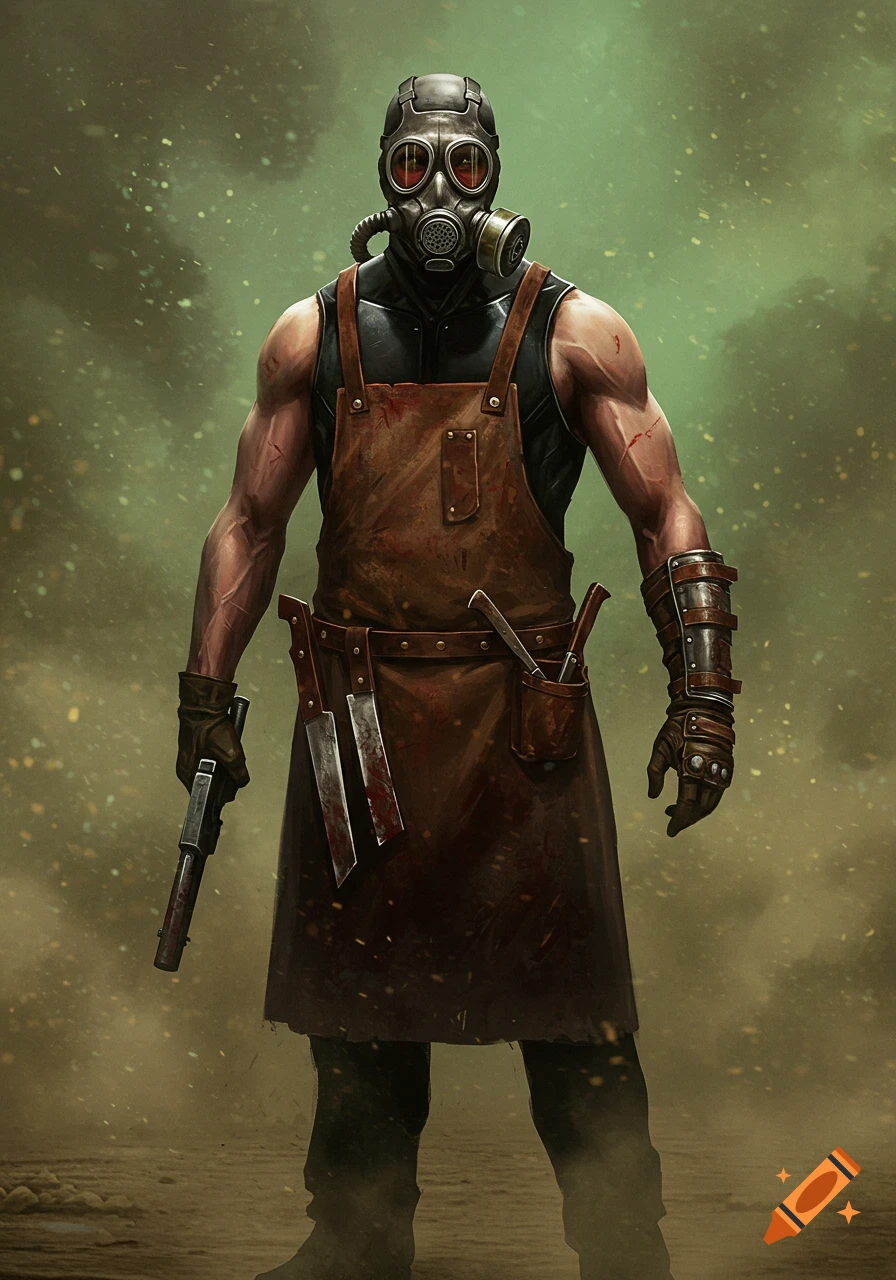 A man in a gas mask, bloody butcher's apron, holding a pistol and knives, stands in a desolate, dusty environment. Stylized illustration.