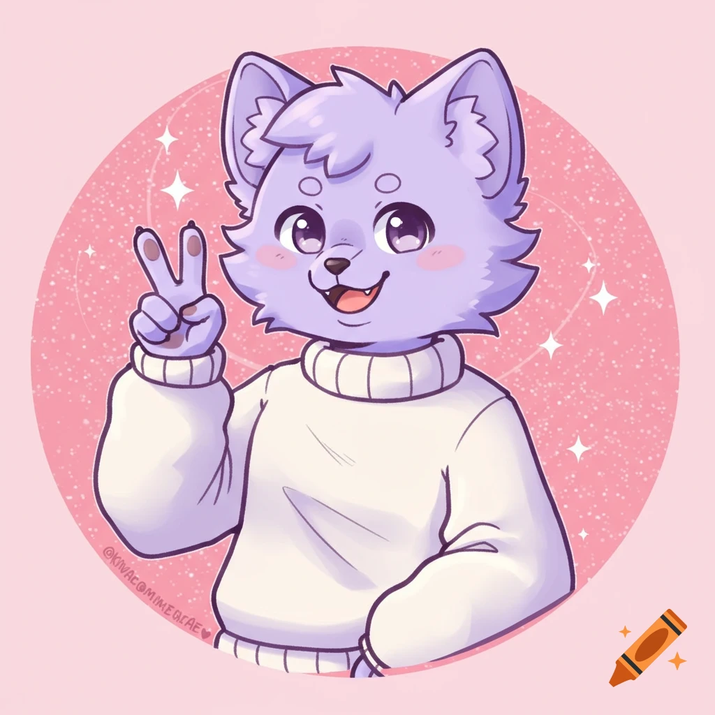 A cartoon anthropomorphic lavender Pomeranian fursona in a white sweater giving a peace sign against a pink circle with sparkles.