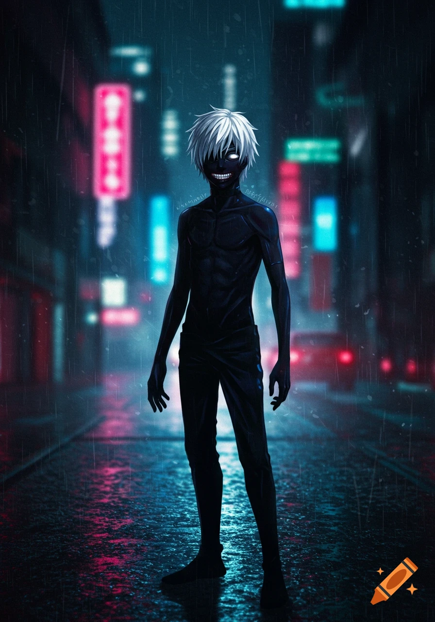 A grimacing anime character with white hair and a dark body stands in a rainy city street at night, with neon lights reflecting on the wet ground.