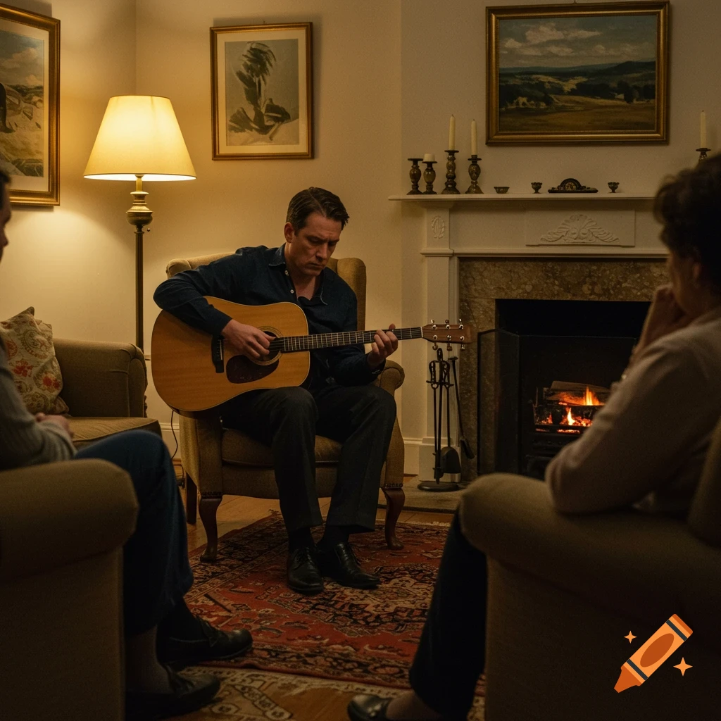 A photorealistic image of a serious man playing an acoustic guitar in a cozy living room while two people listen thoughtfully.