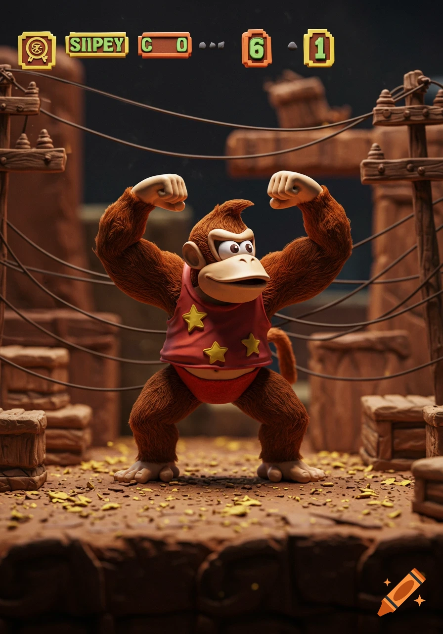 A muscular Donkey Kong in a red tank top and briefs flexes his arms in a claymation style. He stands on a muddy ground with power lines and wooden structures in the background, resembling a Donkey Kong Country level with game UI elements.