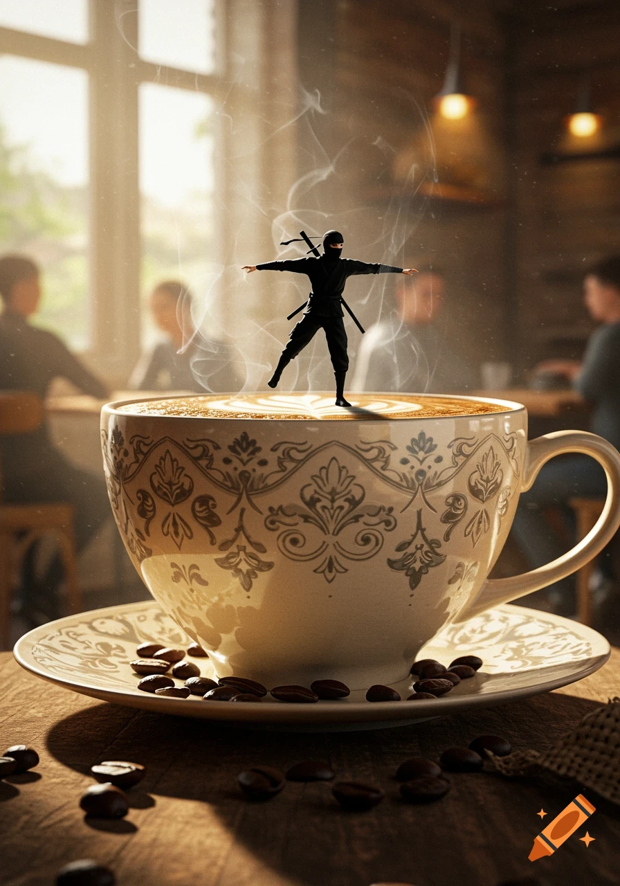 Tiny ninja balancing on a steaming latte in a decorative cup, with coffee beans on a cafe table.