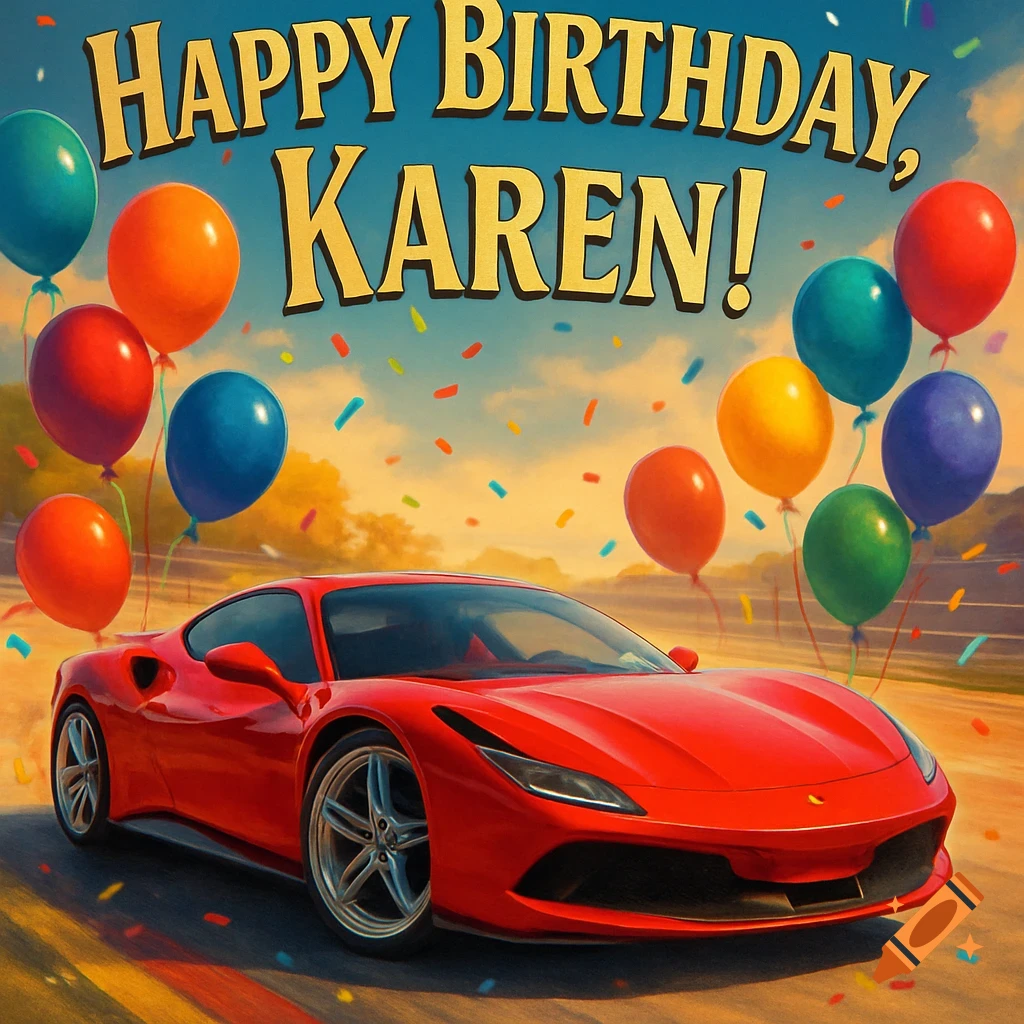 A vibrant birthday card with "HAPPY BIRTHDAY, KAREN!" text above a red sports car, surrounded by colorful balloons and confetti on a road under a blue sky.