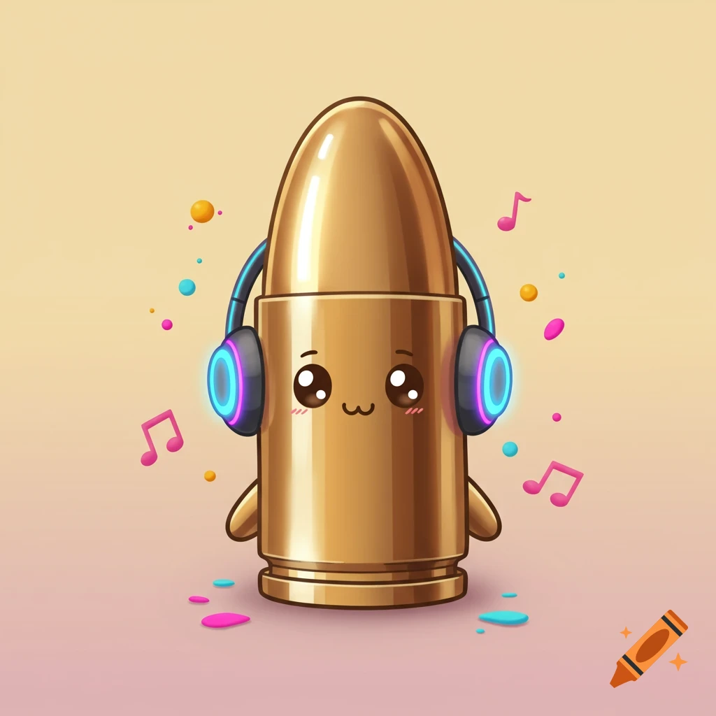 A cute, golden bullet cartoon character with a smiling face wearing glowing blue and pink headphones, surrounded by musical notes and dots.
