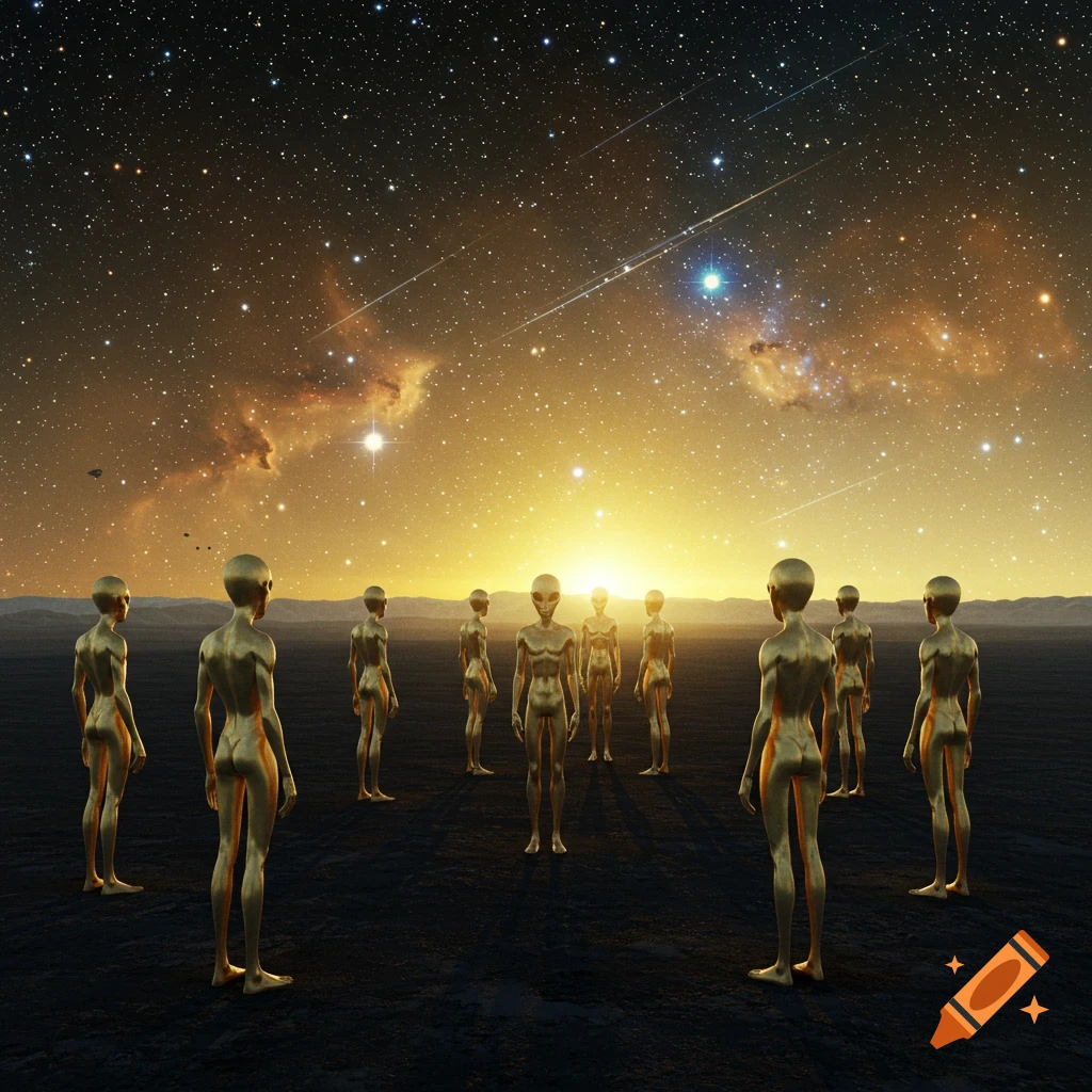Golden alien figures stand on a dark planet, looking at a bright sunset under a star-filled galaxy sky.