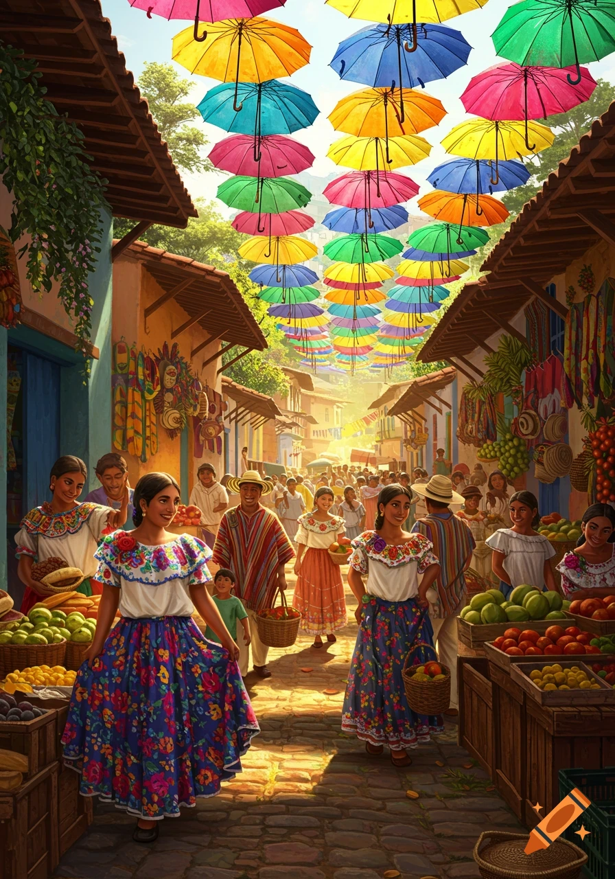 A vibrant market street filled with people in traditional attire under a colorful canopy of hanging umbrellas.