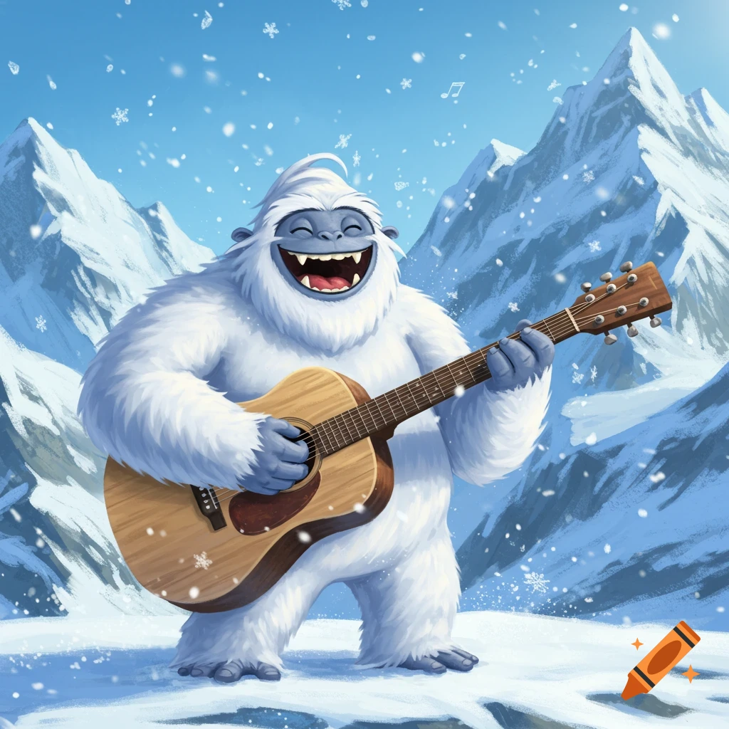 A cheerful white yeti plays an acoustic guitar and laughs in a snowy mountain landscape with snowflakes falling.