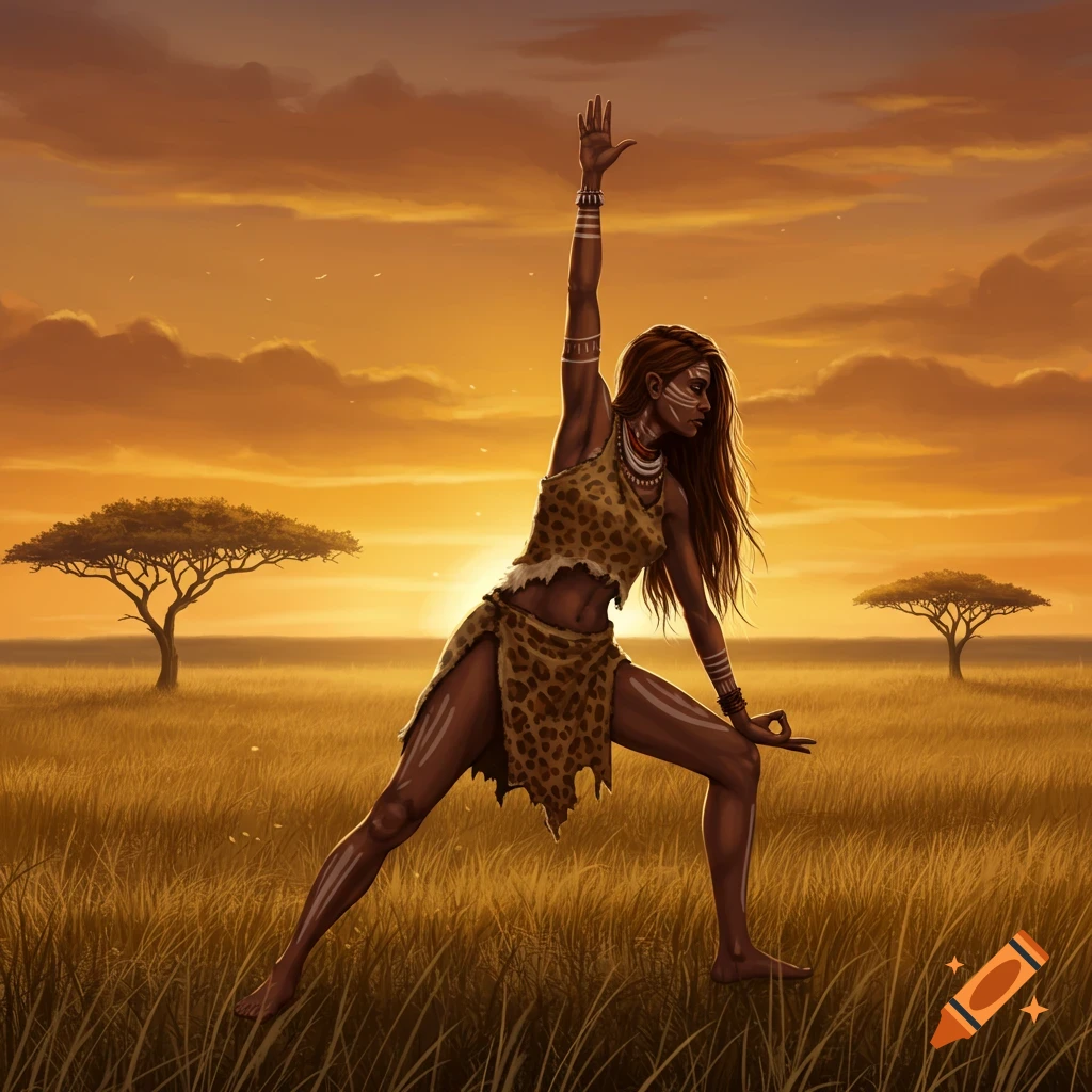 An indigenous woman in animal print clothing performs a yoga pose in a savanna at sunset, two acacia trees in the background.