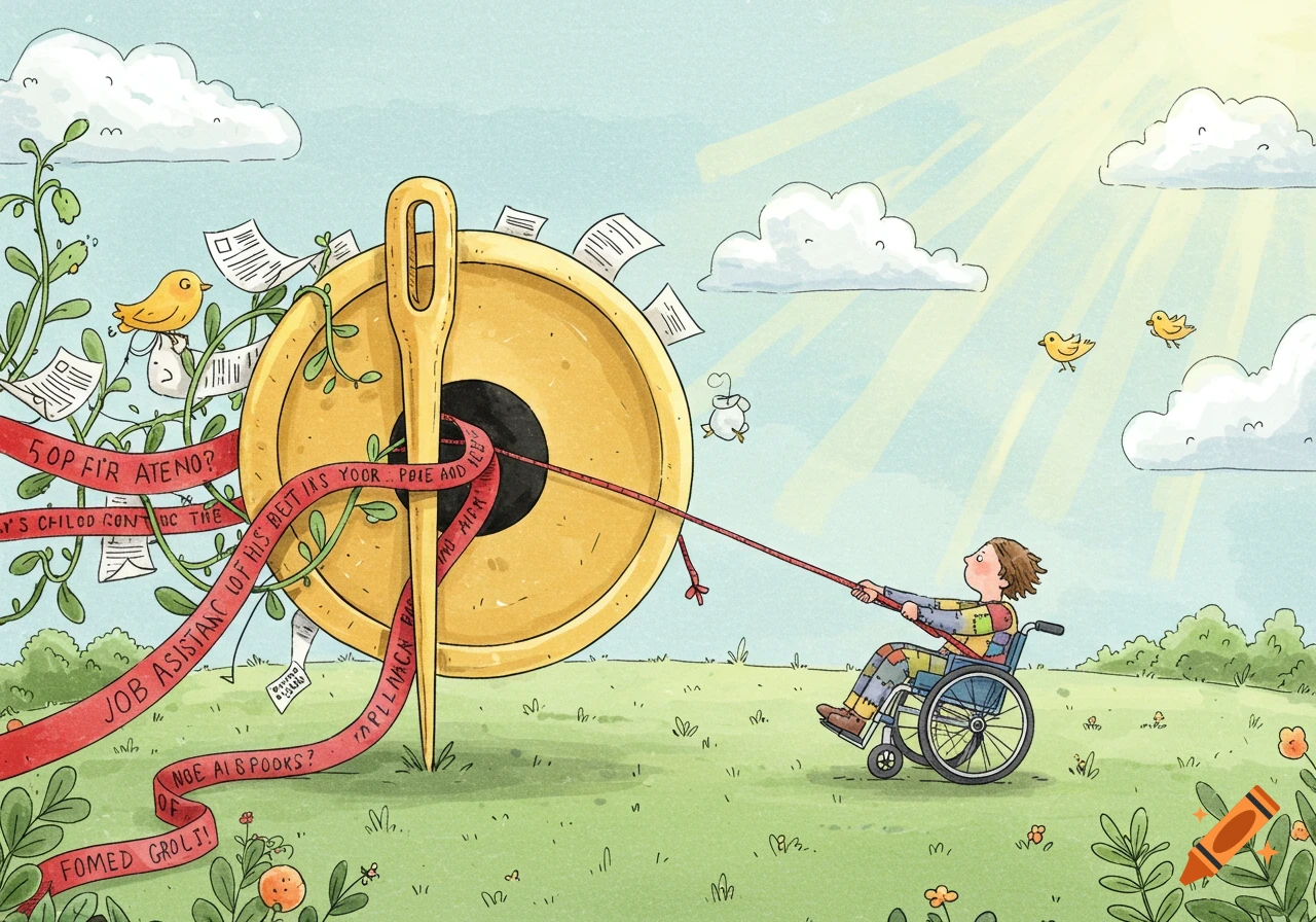 Colorful illustration of a person in a patched wheelchair pulling a red ribbon with garbled text and documents through a giant needle.
