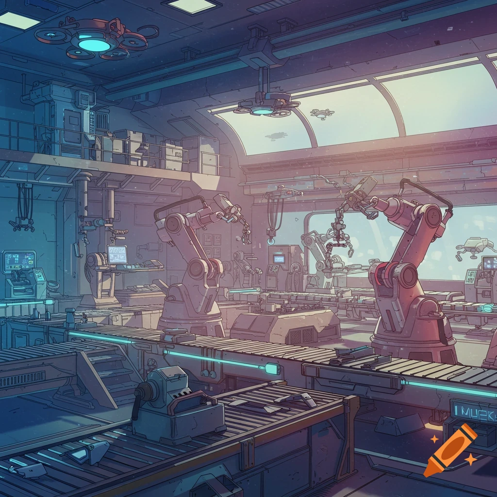 A detailed Kurzgesagt-style illustration of a futuristic robot factory with robotic arms, drones, and conveyor belts.