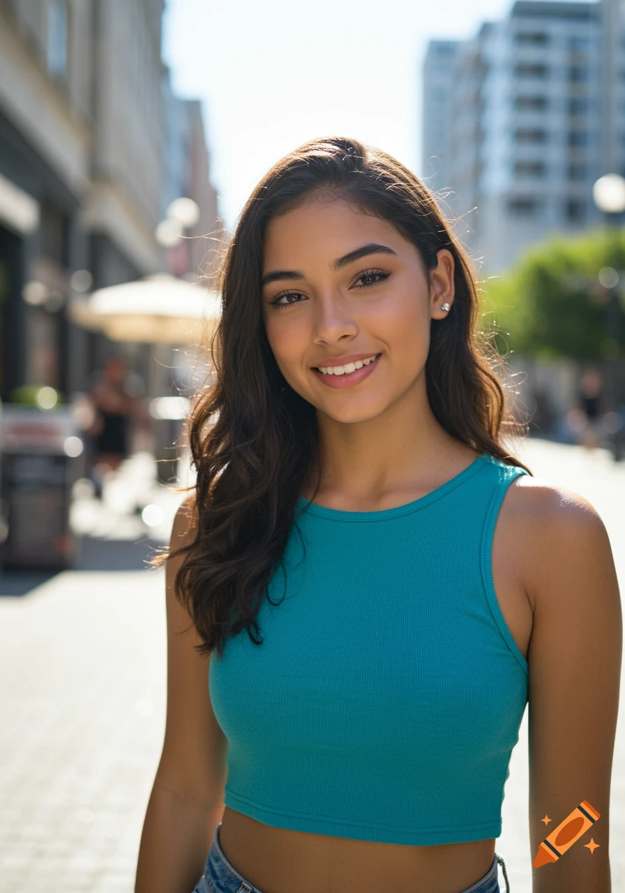 A smiling young Hispanic woman with long dark hair wearing a teal crop top stands on a city street.
