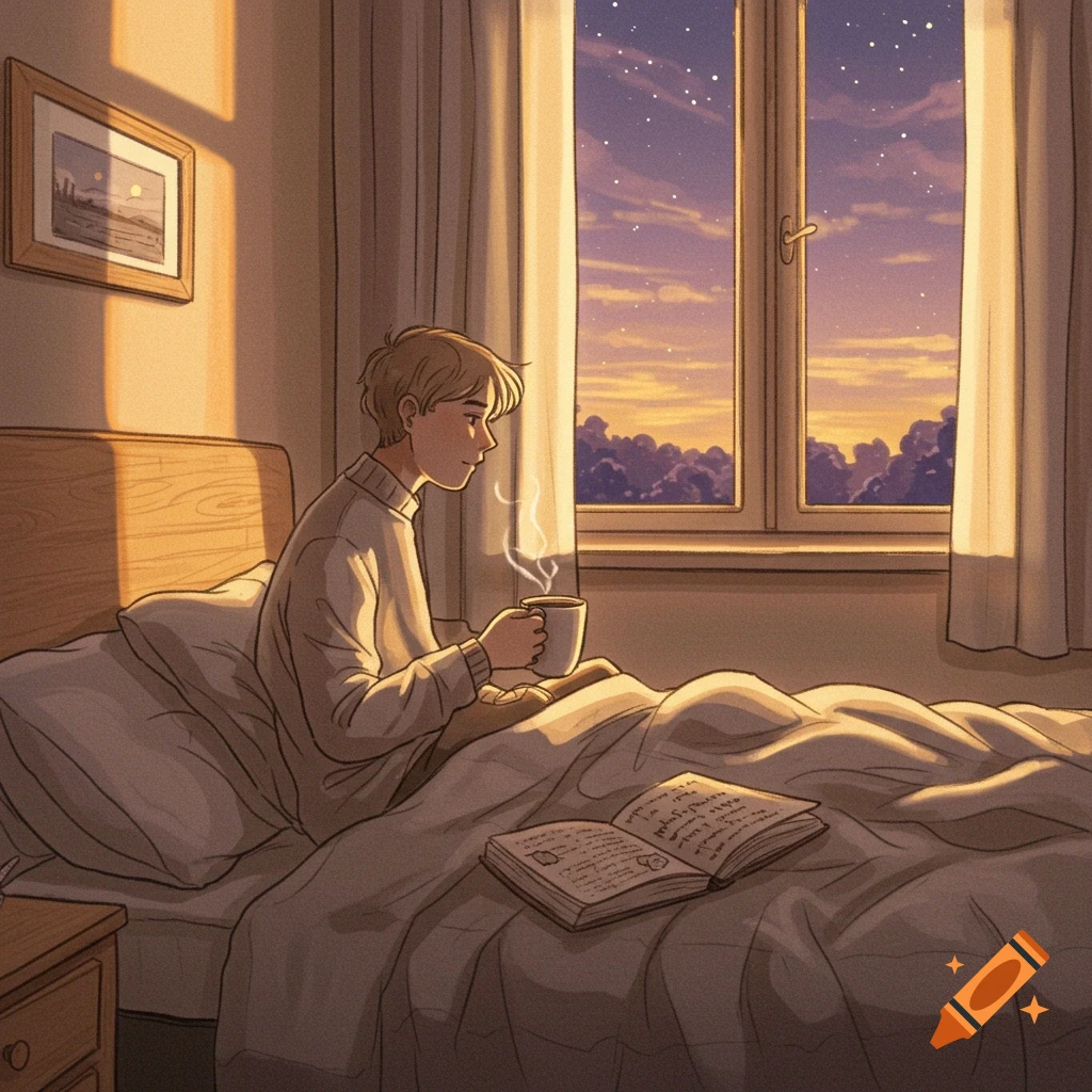 An illustrated scene of a person sitting in bed, holding a mug, looking out a window at a starry twilight sky. A journal is open on the bed.
