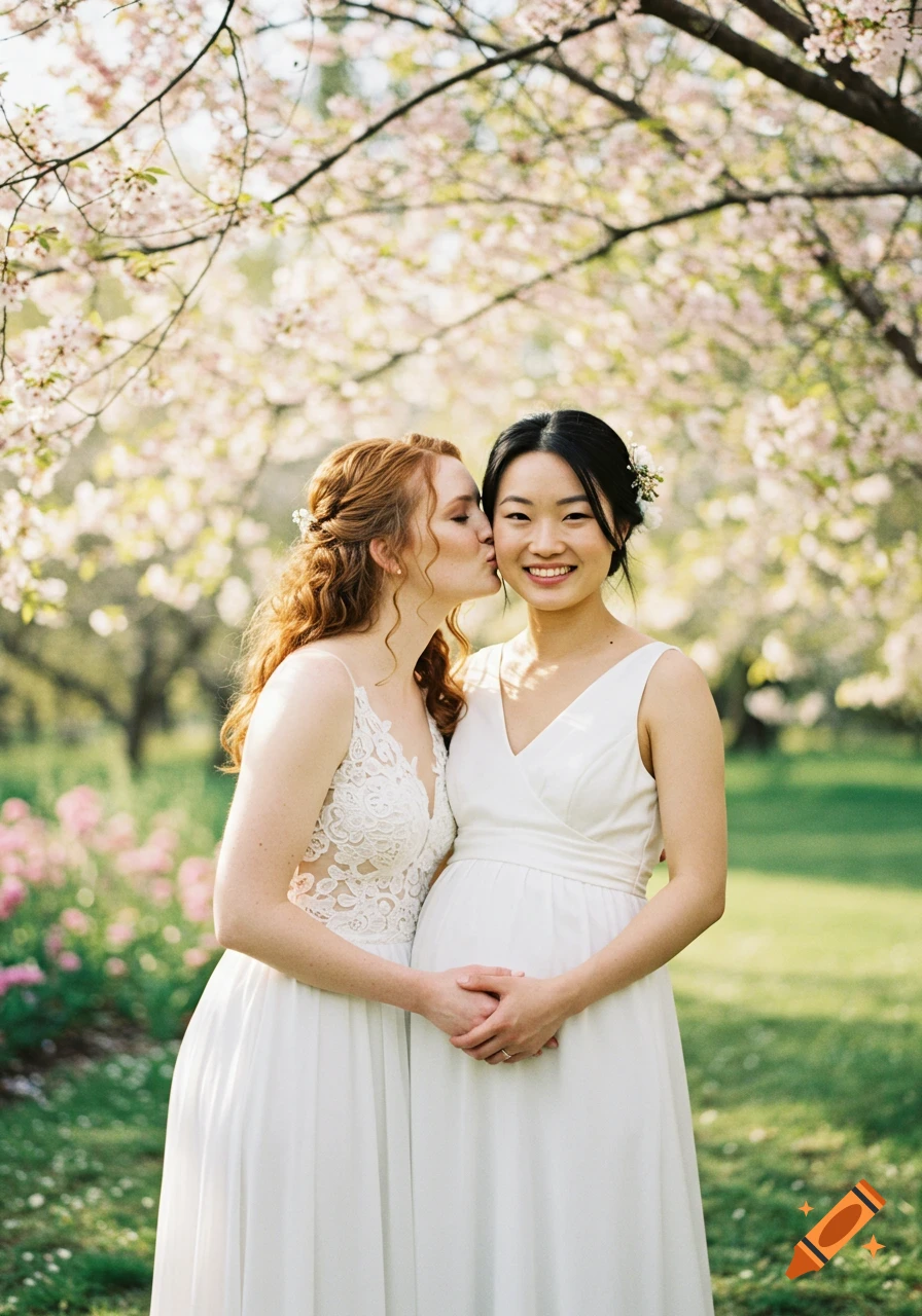 A redhead woman kisses a pregnant Asian woman in wedding dresses under blossoming trees.