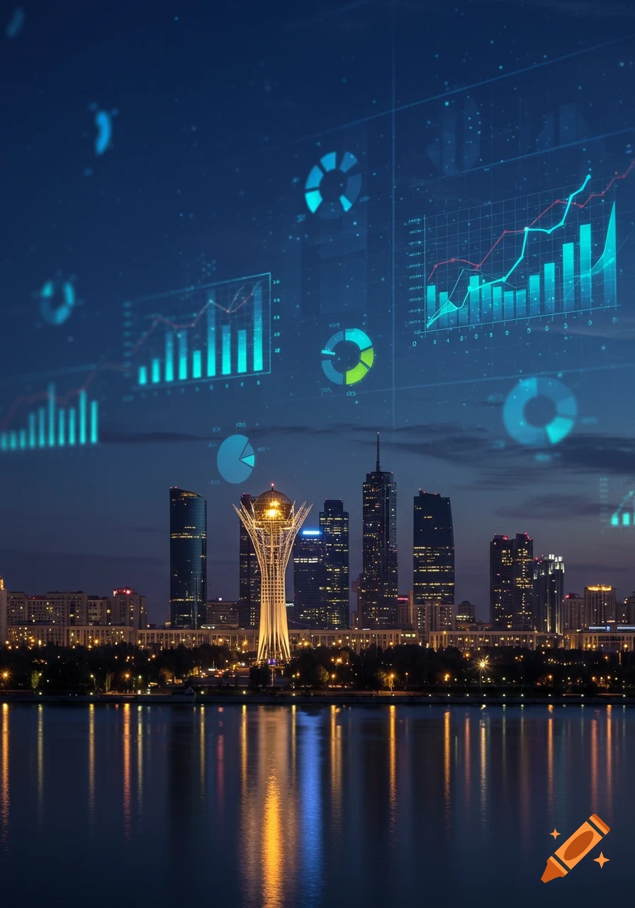 A nighttime view of a city skyline with modern skyscrapers reflected in the water, overlaid with holographic-style blue and green data graphs and charts.
