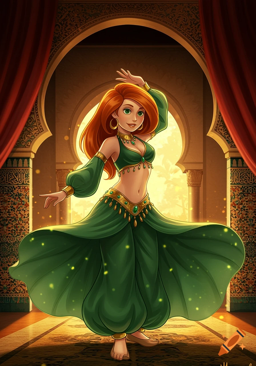 A cartoon woman with red hair and green eyes, resembling Kim Possible, dances in a green belly dancer costume within an ornate Arabic archway.