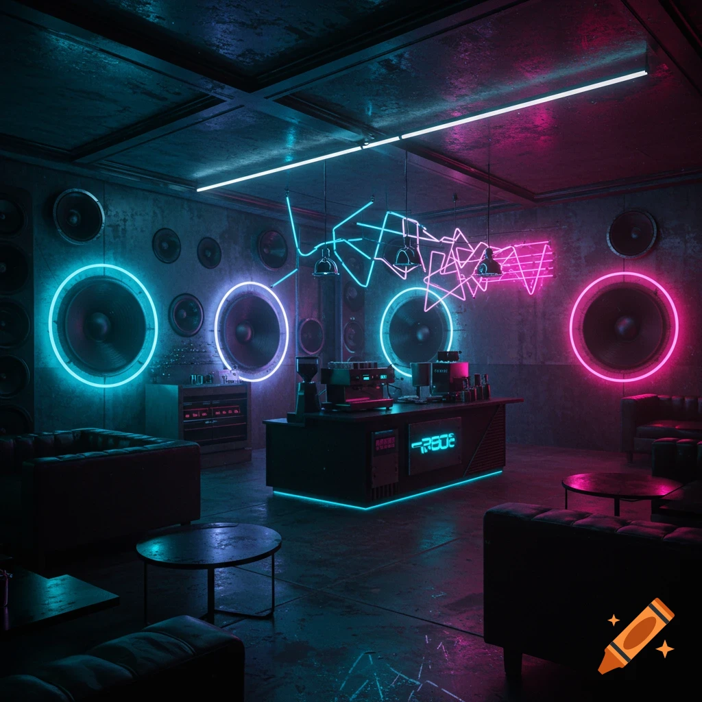 A cyberpunk-style coffee bar with large neon-ringed speakers and vibrant blue and pink lighting.