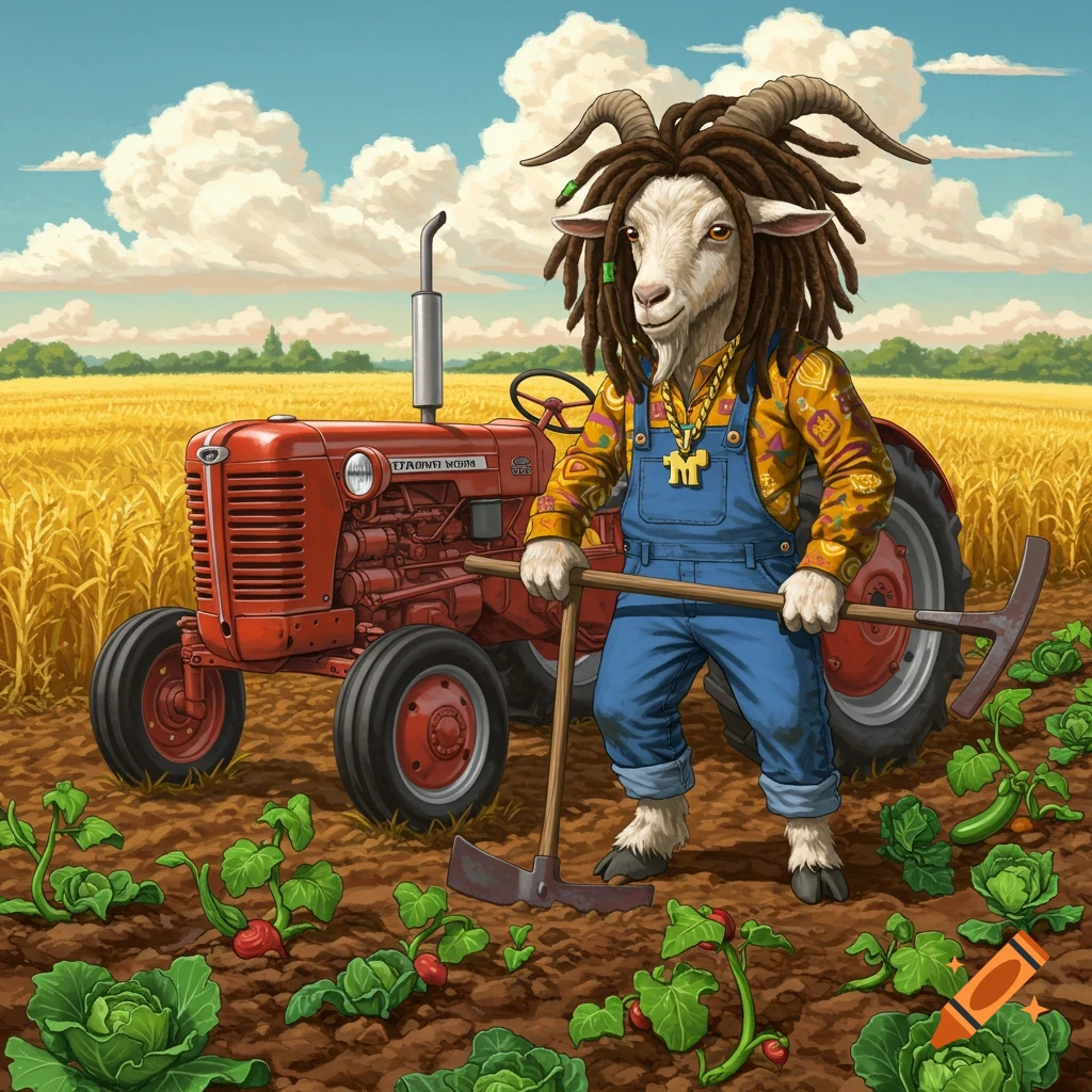 A cartoon goat with dreadlocks wearing overalls and a patterned shirt, holding a hoe in a field next to a red tractor.