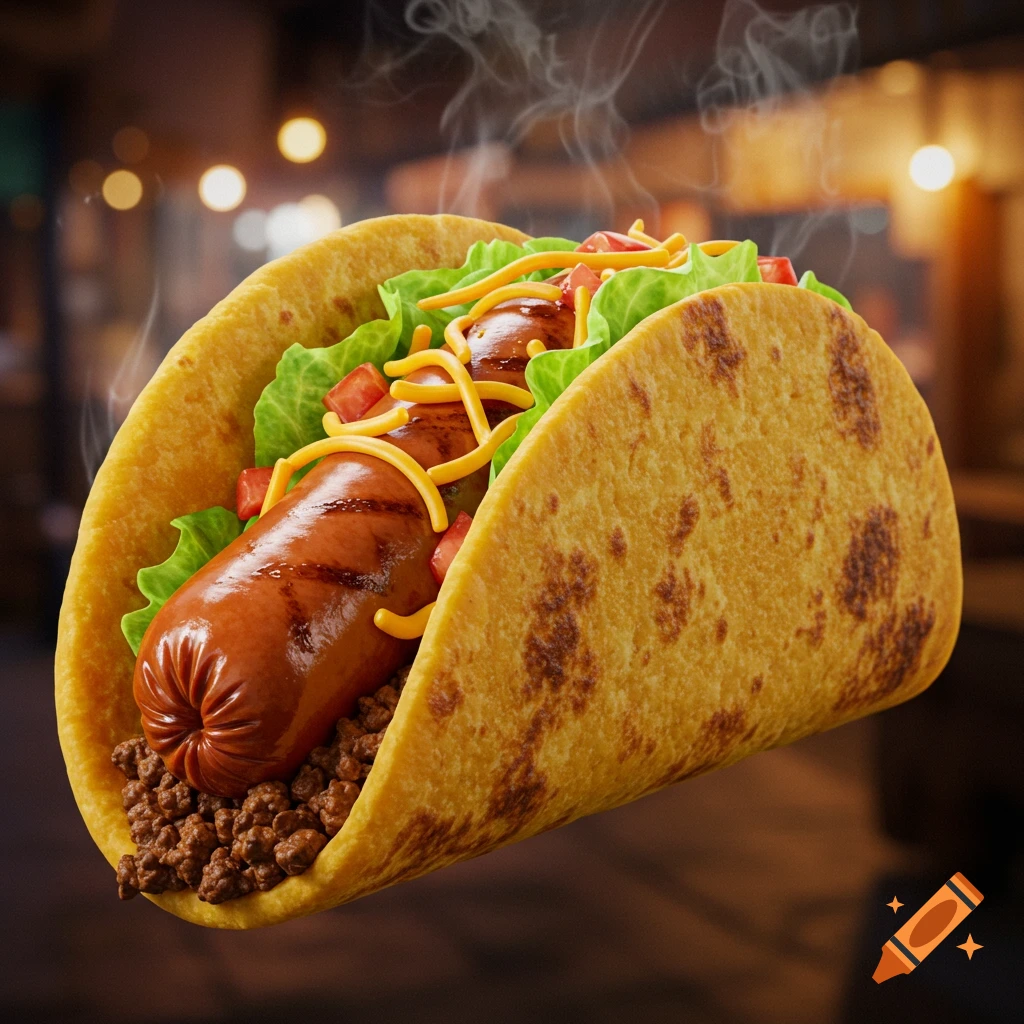 A steaming, photorealistic taco filled with a large grilled sausage, ground beef, lettuce, tomatoes, and cheese sauce.