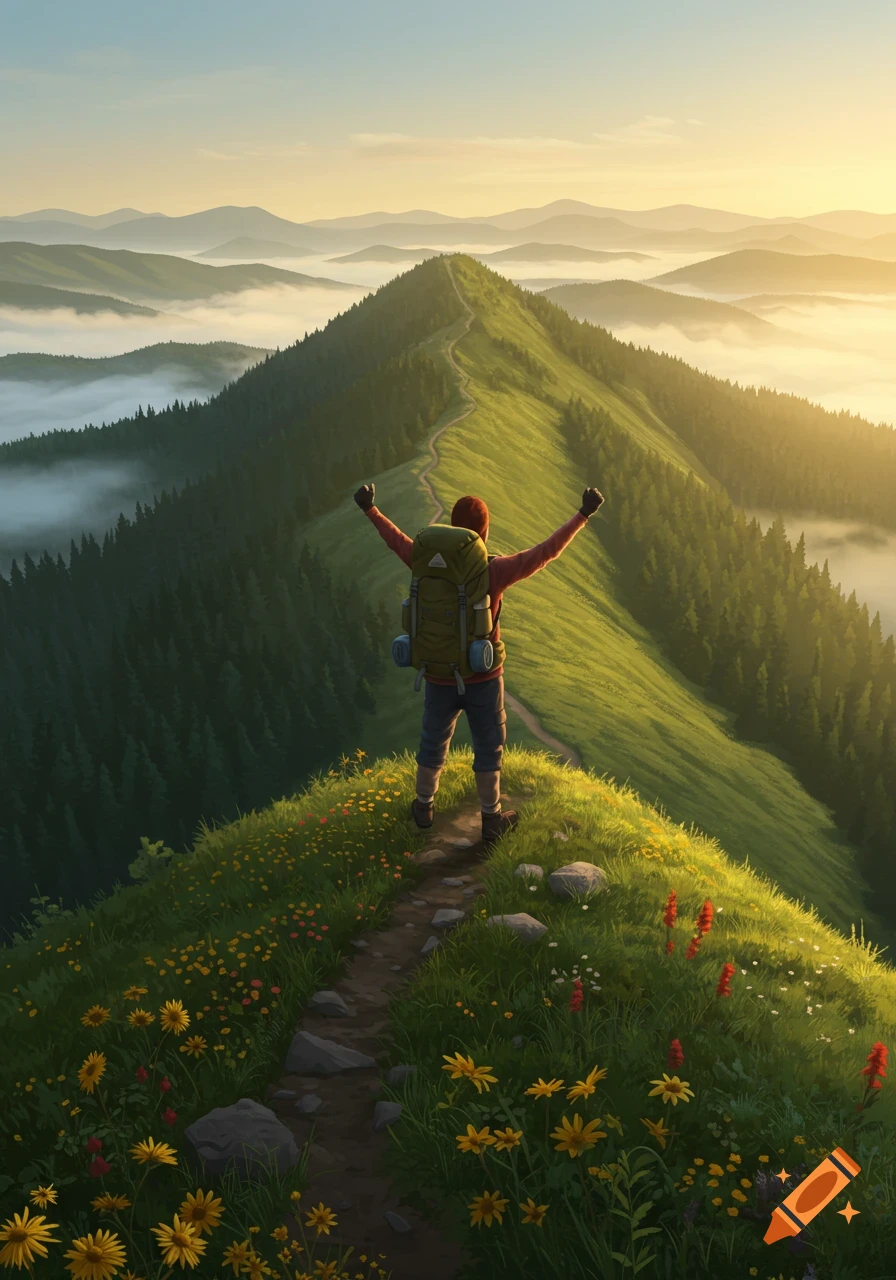 A hiker stands on a green mountain ridge, arms raised in triumph, overlooking foggy valleys at sunrise.