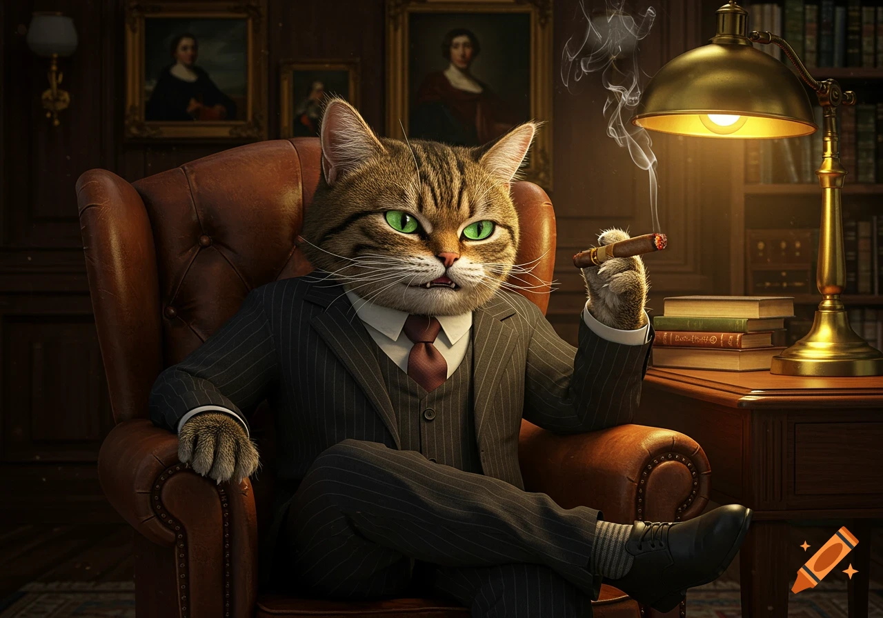 A photorealistic anthropomorphic cat in a pinstripe suit sits in a leather armchair, holding and smoking a cigar in a dimly lit study.