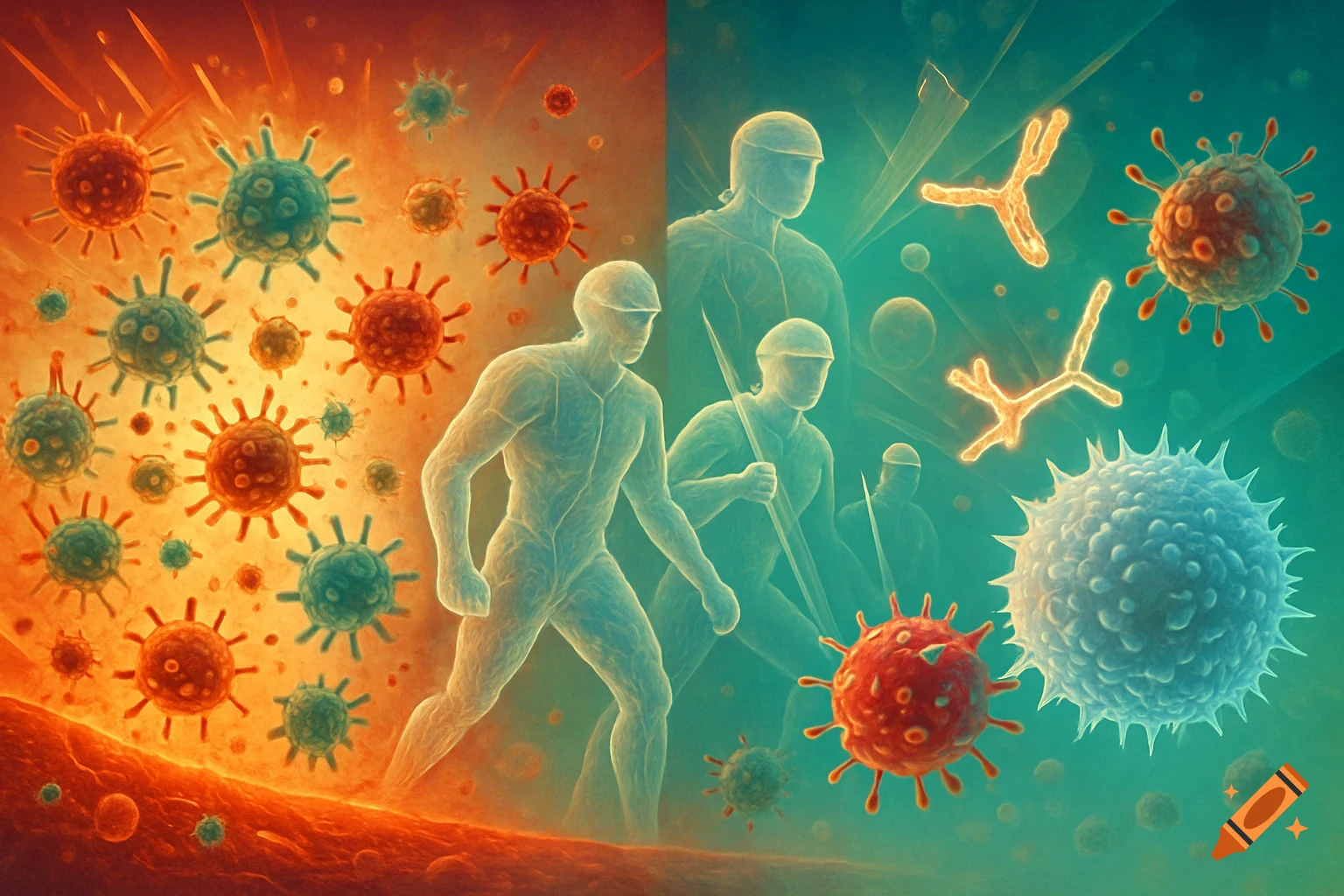 A scientific illustration showing a human body and immune cells fighting off red and blue viruses, split into a hot red and cool blue side.