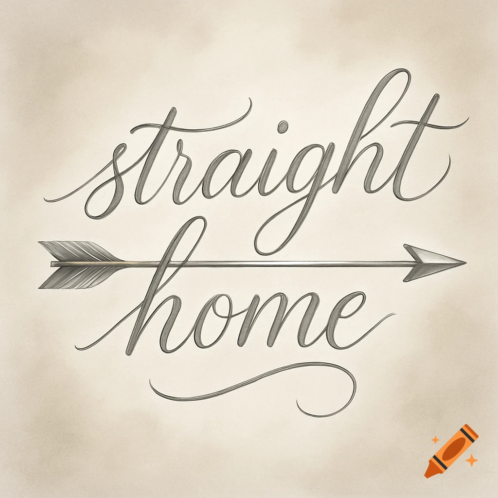 Cursive text "straight home" with an arrow passing through it on a textured background.