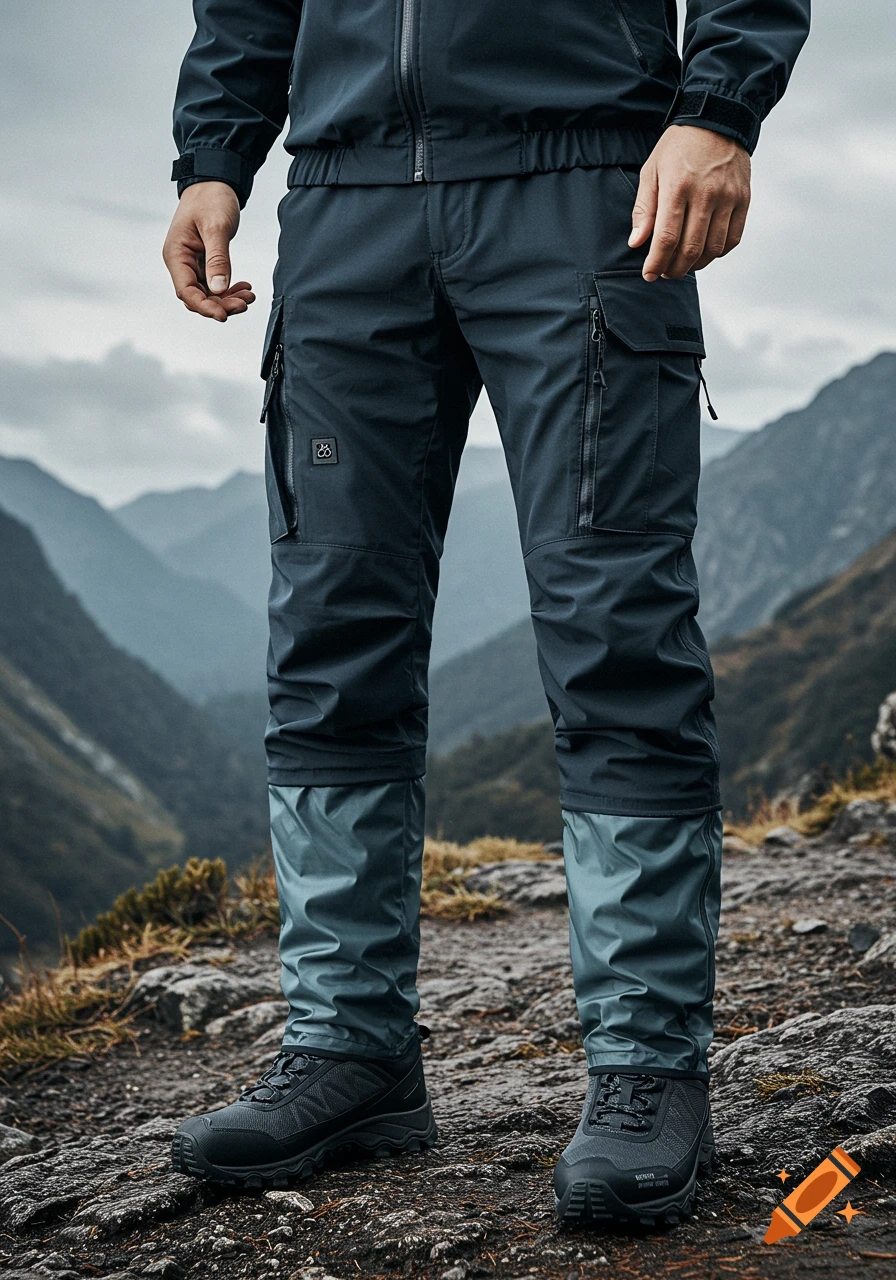 A person wearing dark blue waterproof cargo pants, a matching jacket, and black hiking boots stands on a rocky mountain path.