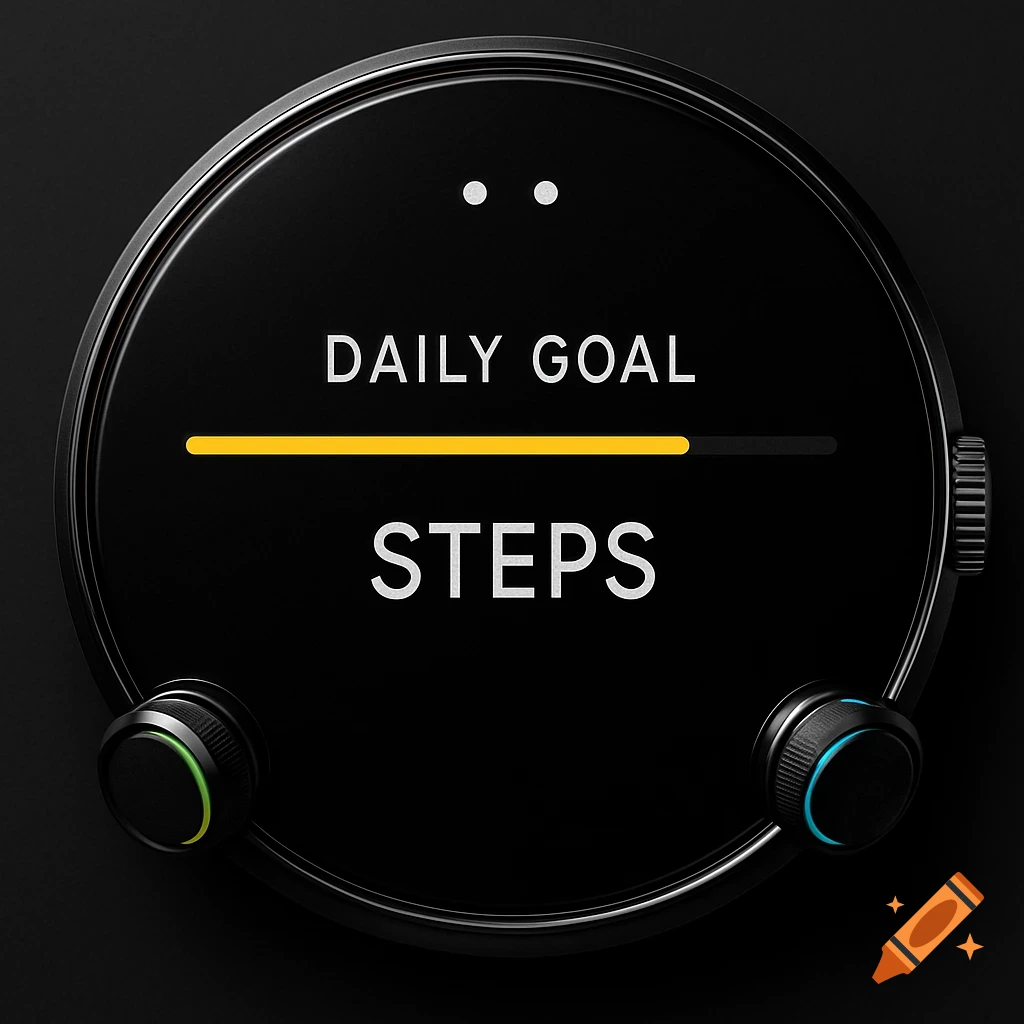 Minimalist black digital watch face with yellow progress bar for 'DAILY GOAL' and 'STEPS' text, featuring two colorful control knobs.