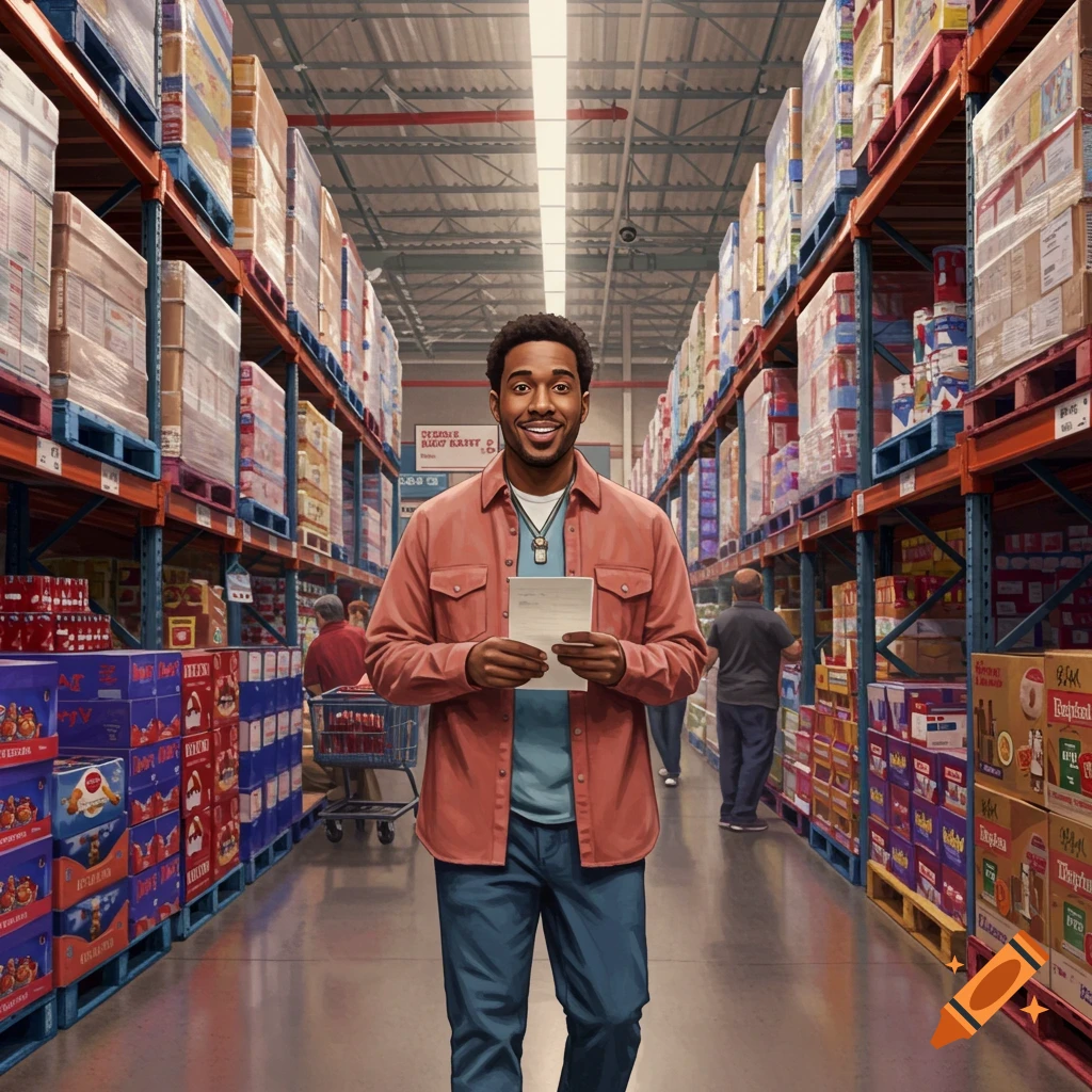 A smiling man stands in a warehouse aisle holding a piece of paper, surrounded by shelves stocked with products.