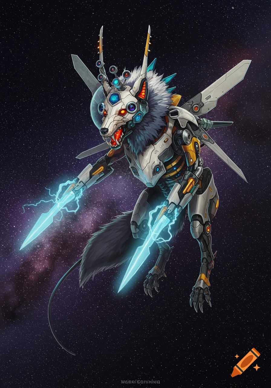 A cybernetic wolf-like creature with mechanical wings and glowing blades floats in space.