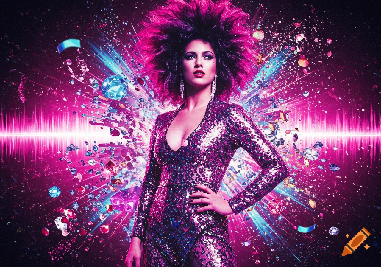 Woman in sparkly purple dress with big pink hair stands against an explosion of pink and blue light, sparkles, and gems.