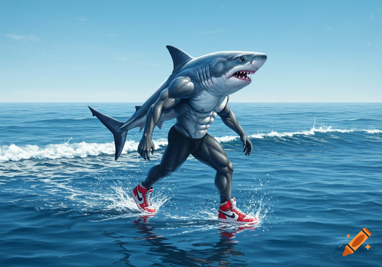 A muscular shark-human hybrid wearing red and white sneakers walks through blue ocean water under a clear sky.