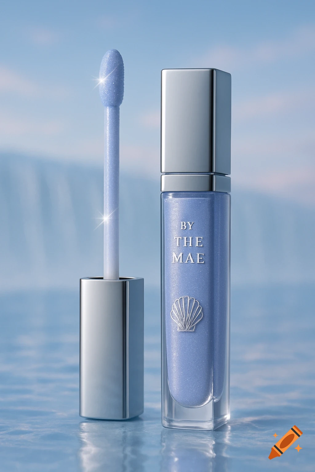 Periwinkle lip gloss with an applicator, featuring 'BY THE MAE' text and a seashell symbol on a water-like blue background.