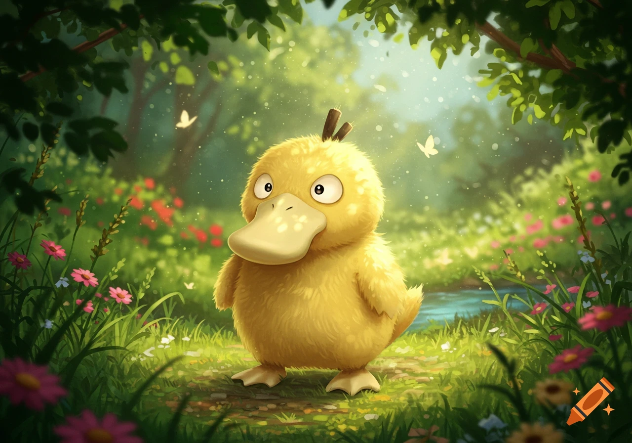 A cute yellow Psyduck stands in a lush, sunlit green forest clearing filled with pink and red flowers and butterflies.