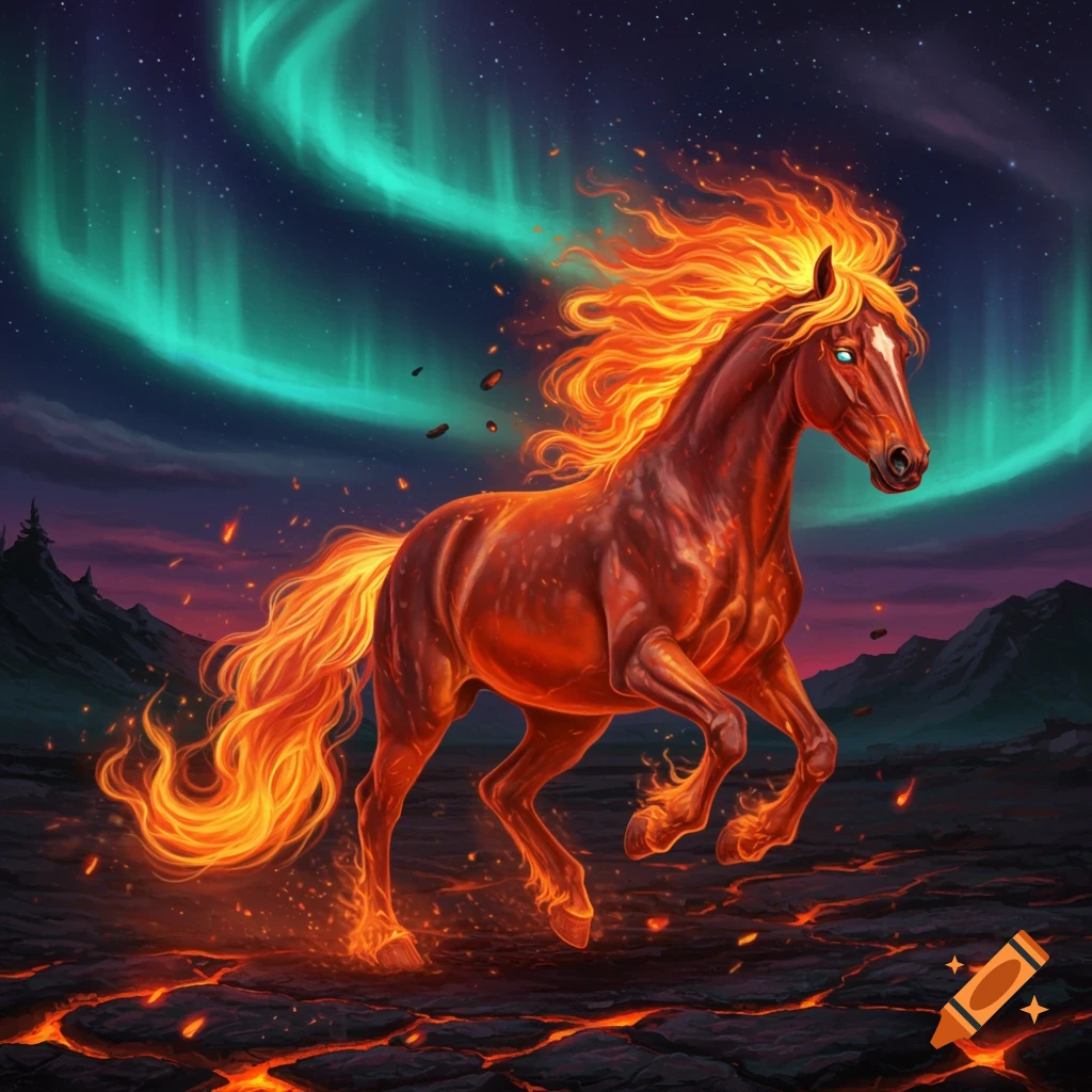 A vibrant fiery horse with glowing mane and tail gallops across cracked lava ground under a night sky lit by a green aurora borealis.
