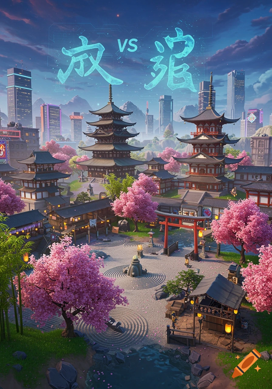 A vibrant, stylized Japanese cityscape featuring traditional pagodas, cherry blossom trees, and a torii gate in the foreground, with modern skyscrapers in the background and glowing Japanese text with "VS" in the sky.