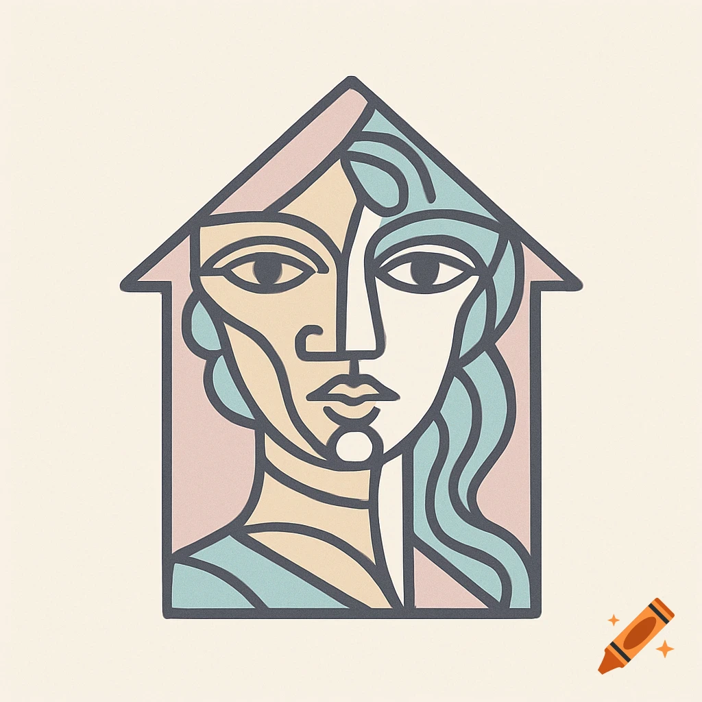 A minimalist vector logo design in the style of Picasso, featuring a fragmented face within a house outline, in pastel colors.
