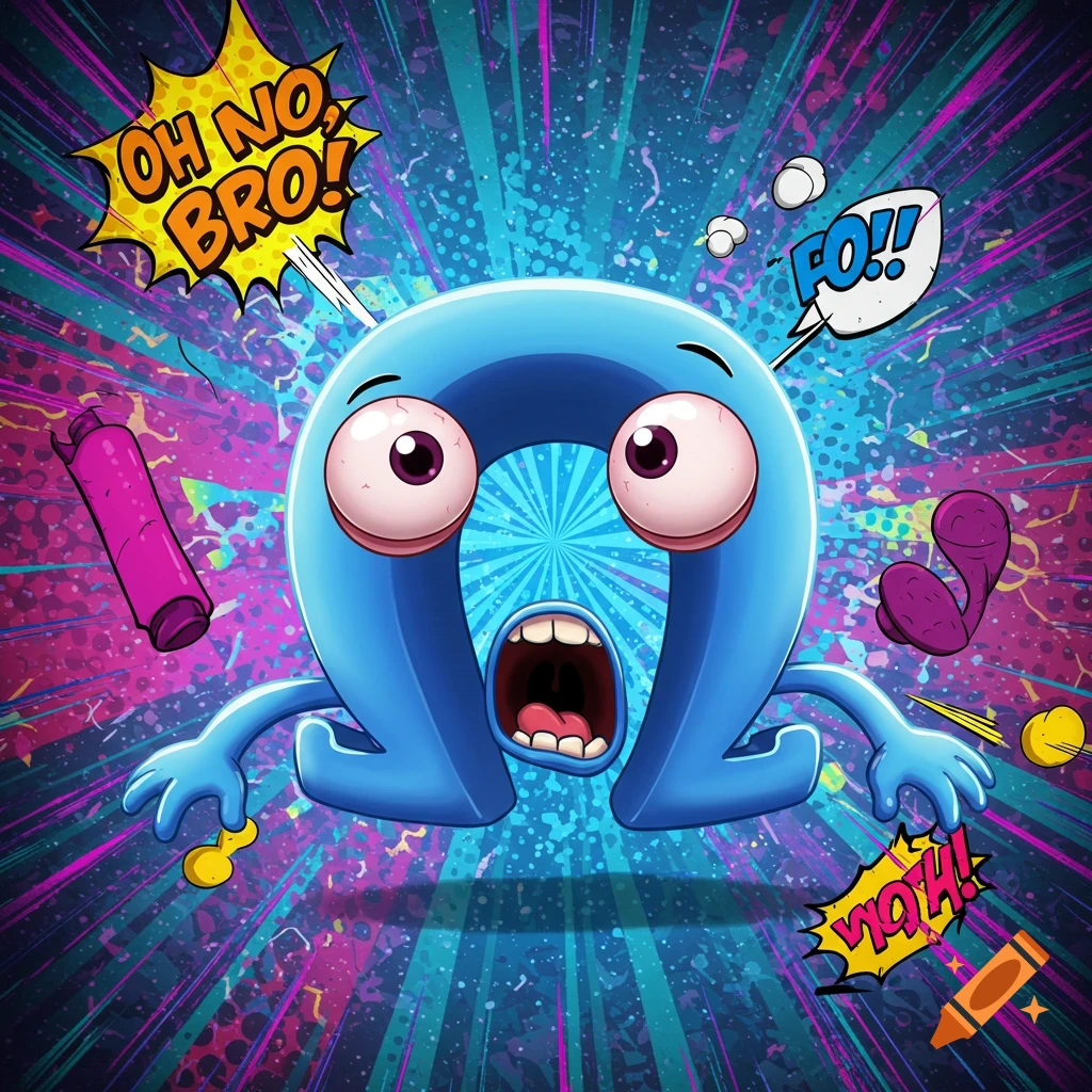 A shocked blue Omega character with big eyes and an open mouth against a vibrant, comic-book style background with speech bubbles saying "OH NO, BRO!", "FO!!", and "WOH!".