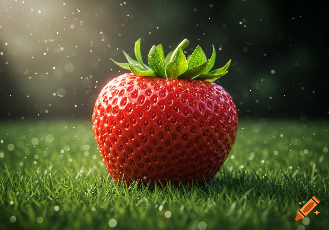 A vibrant red strawberry resting on green grass with sunlight and bokeh in the background, photorealistic style.