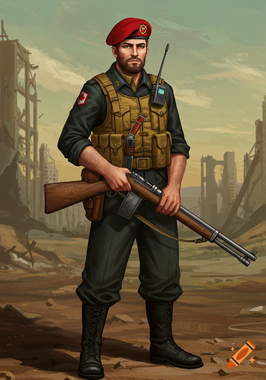A bearded Canadian soldier in a red beret, black uniform, and olive drab vest stands holding a rifle in a destroyed, post-apocalyptic city in Fallout style.