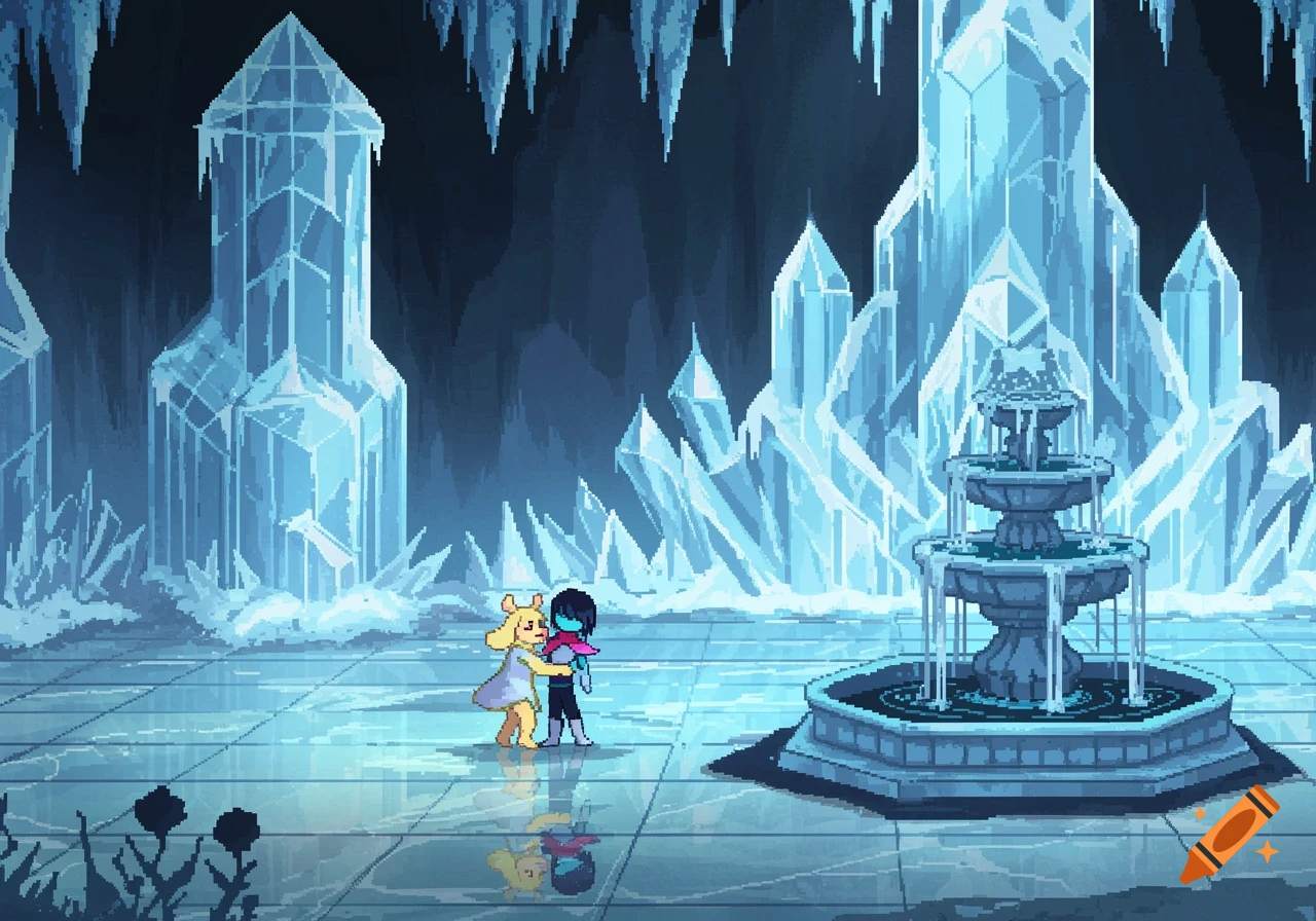 Pixel art of Noelle and Kris from Deltarune embracing in a frozen ice palace with icicles and a fountain.