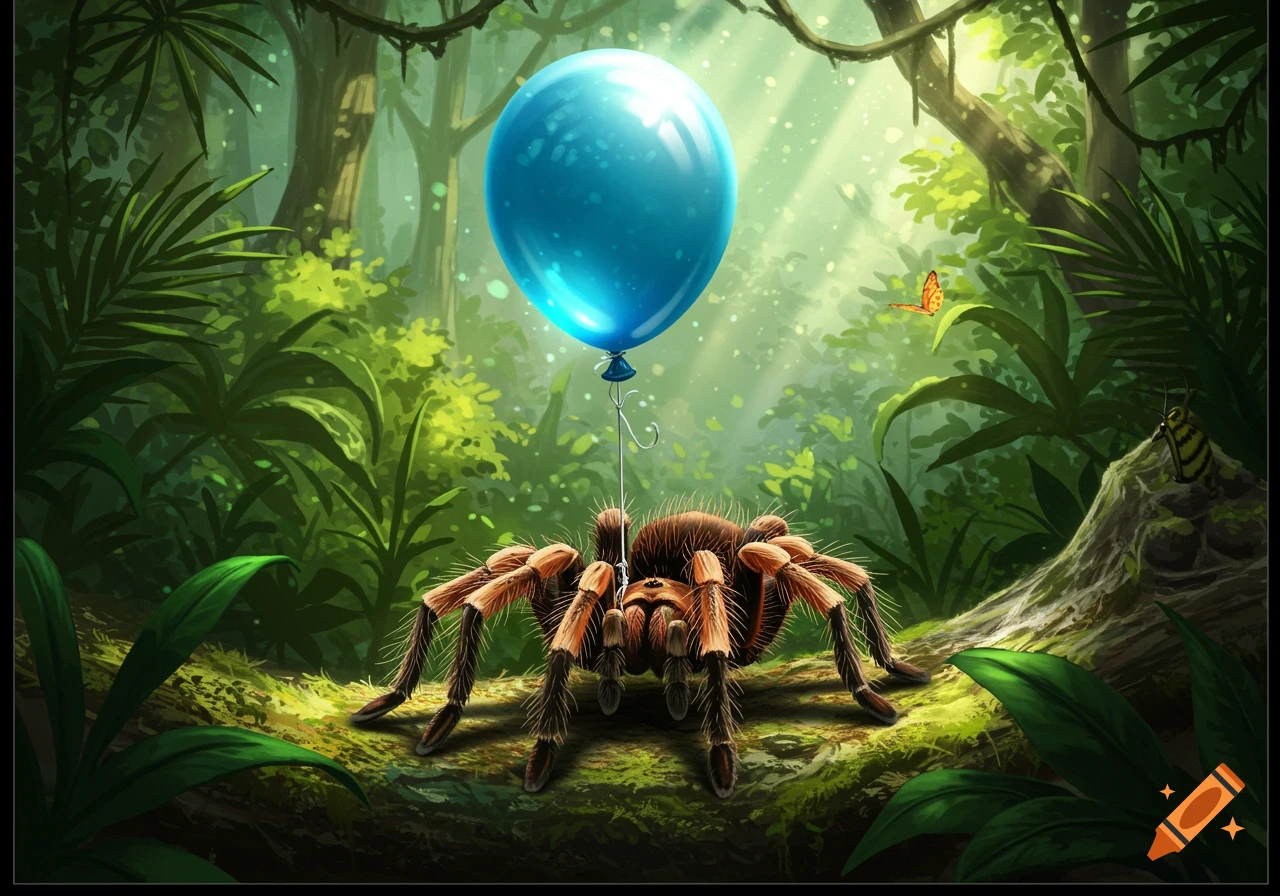 A brown tarantula on a mossy log in a vibrant green jungle, holding a bright blue balloon.