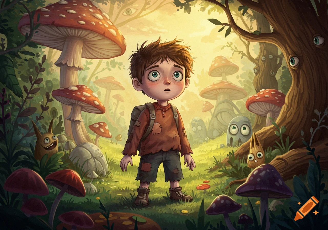 A curious boy in tattered clothes stands in a whimsical fantasy forest surrounded by large red and purple mushrooms and trees with eyes, illuminated by a warm light.
