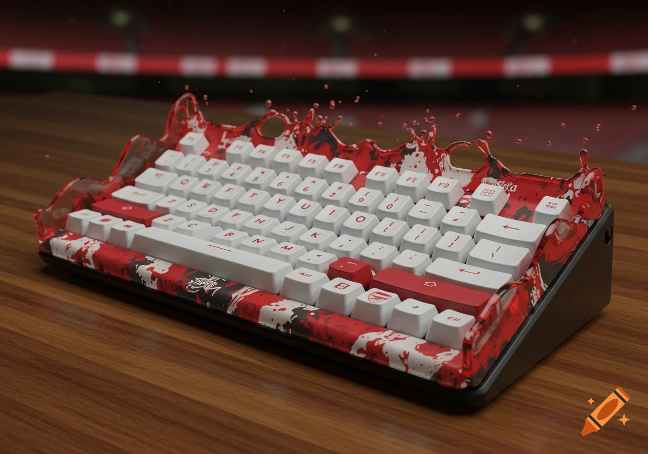 A white and red mechanical keyboard with red liquid splashing over it, featuring an Arsenal Football Club theme. It sits on a wooden desk with a blurred stadium in the background.