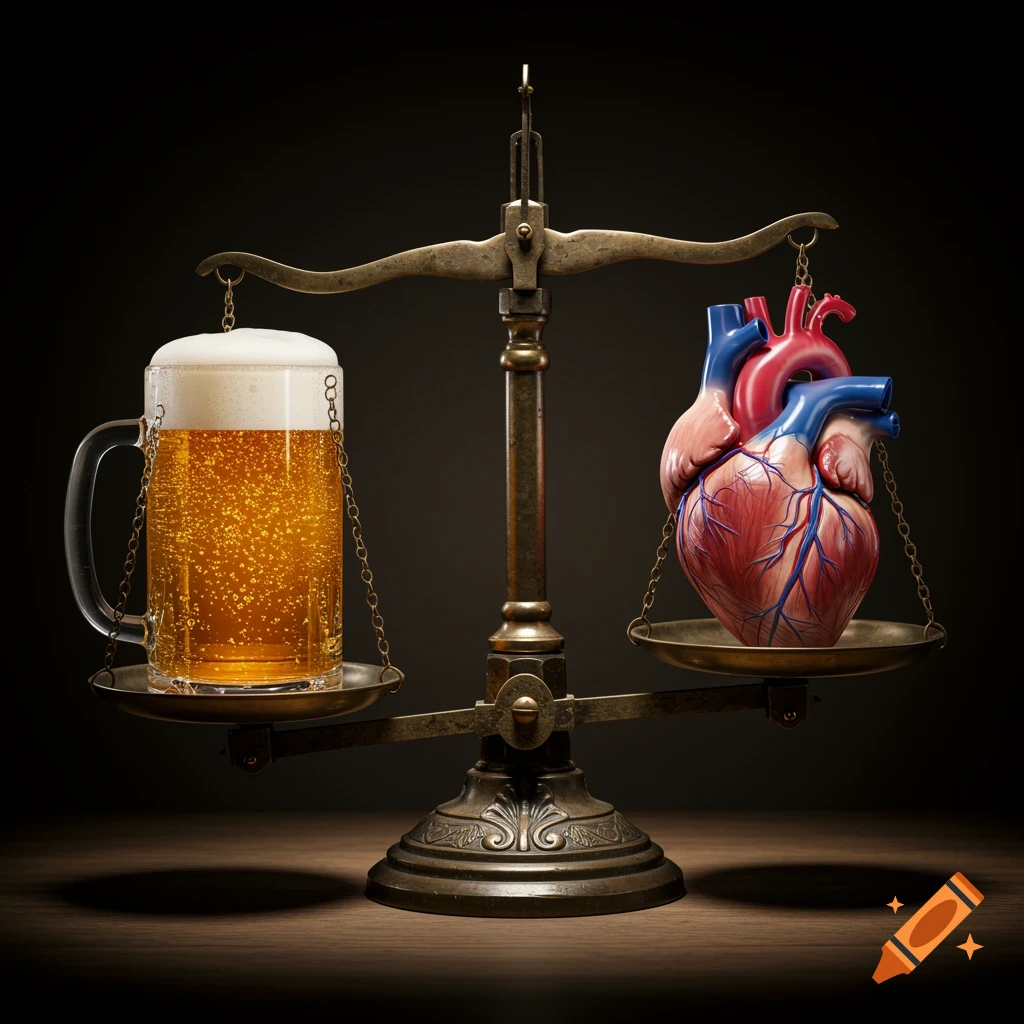 A detailed balance scale with a glass of beer on one side and an anatomical heart on the other, symbolizing health choices.