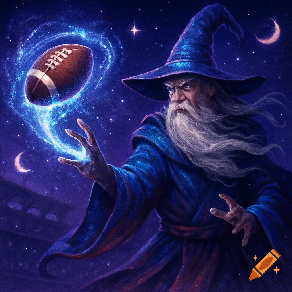 A wizard in a blue robe and hat casts a spell, levitating an American football amidst a starry night sky above a stadium. Digital art.