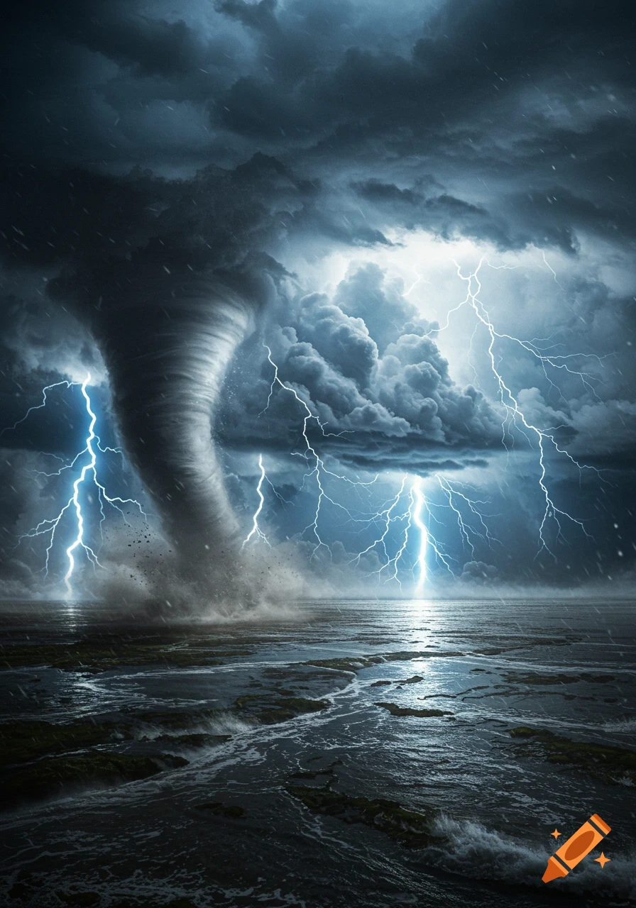 A photorealistic image of a massive tornado touching down in a flooded landscape under a dark, stormy sky with lightning.